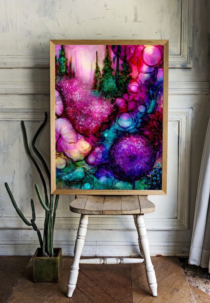 Neon Floral Dreamscape Abstract Print. — room view 1