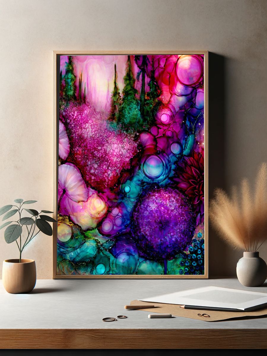 Neon Floral Dreamscape Abstract Print. — room view 2