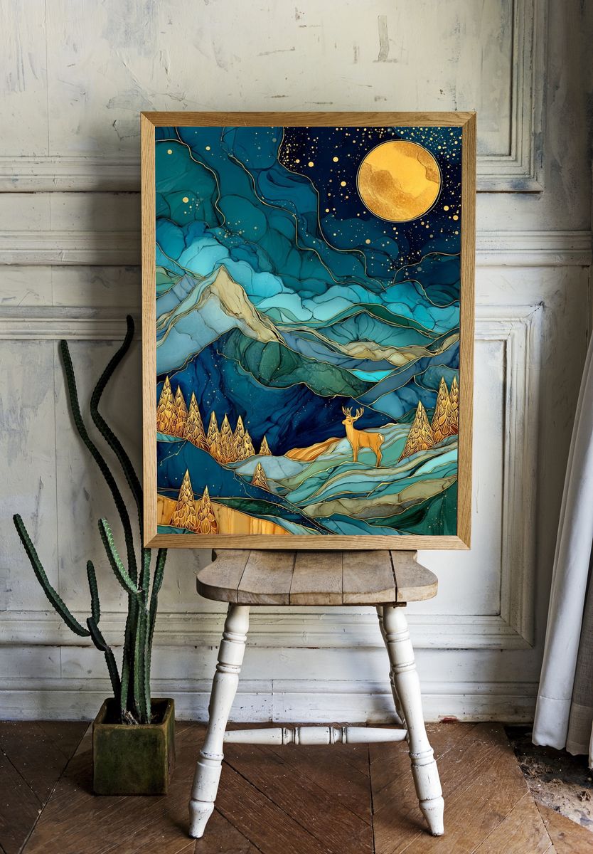Moonlit Deer Landscape Abstract Print room preview