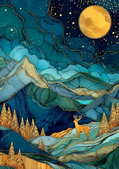 Moonlit Deer Landscape Abstract Print. poster