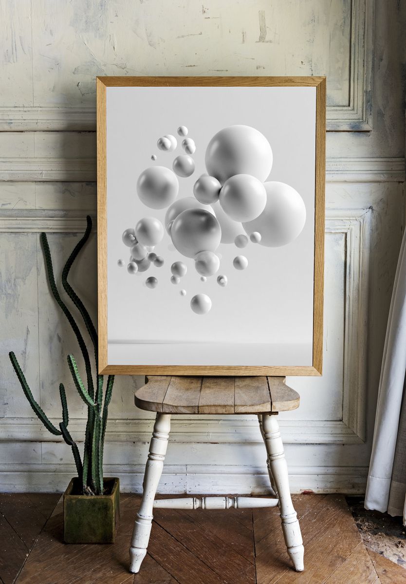 Floating White Spheres Abstract Poster. — room view 1