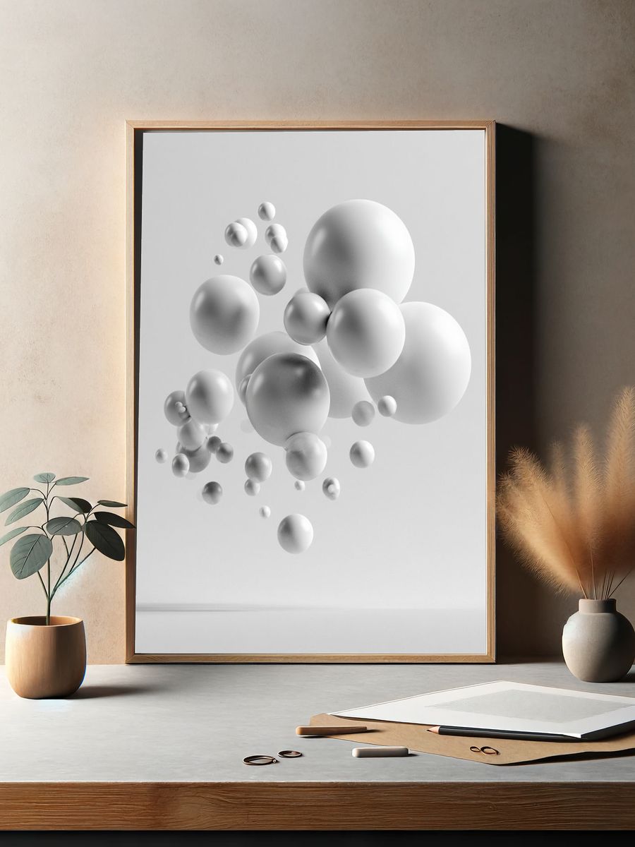 Floating White Spheres Abstract Poster. — room view 2