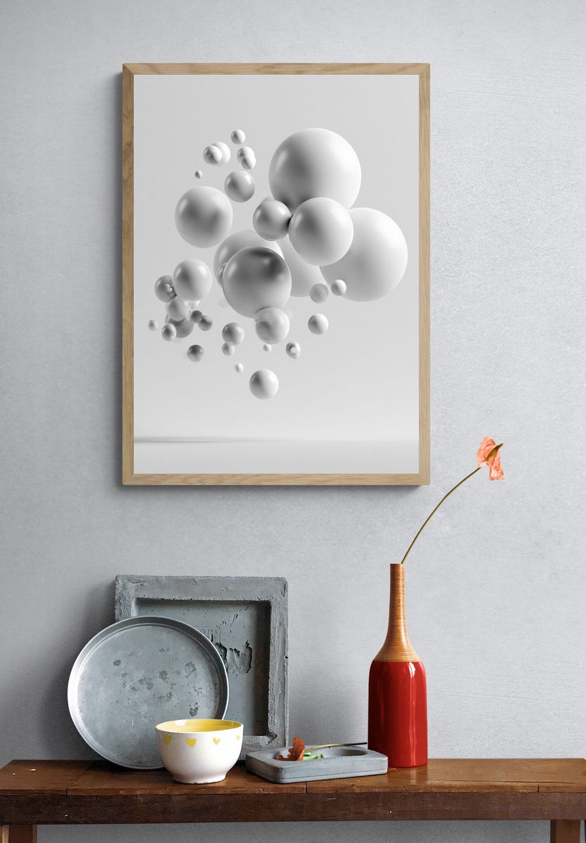 Floating White Spheres Abstract Poster. — room view 3