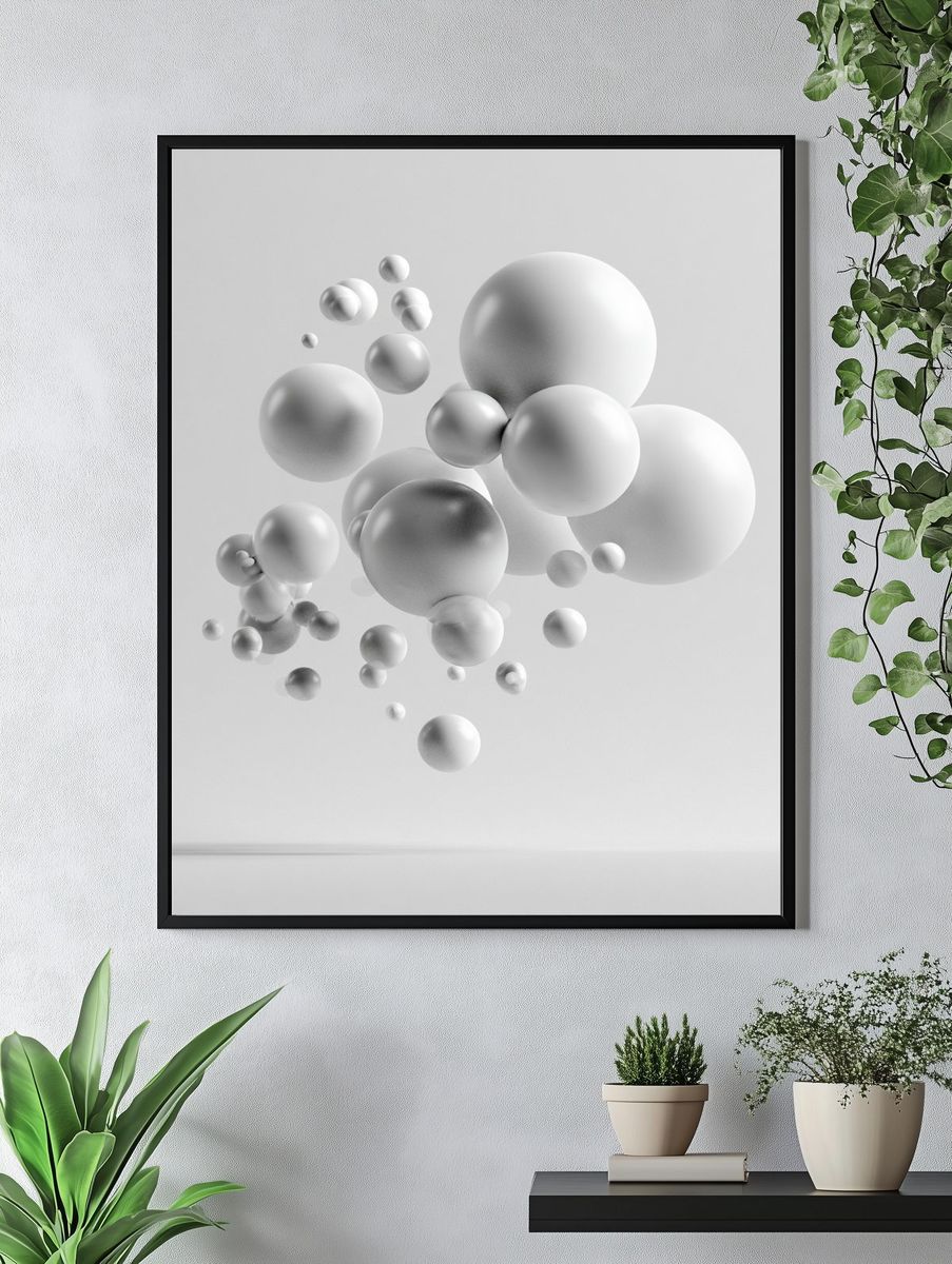 Floating White Spheres Abstract Poster. — room view 4