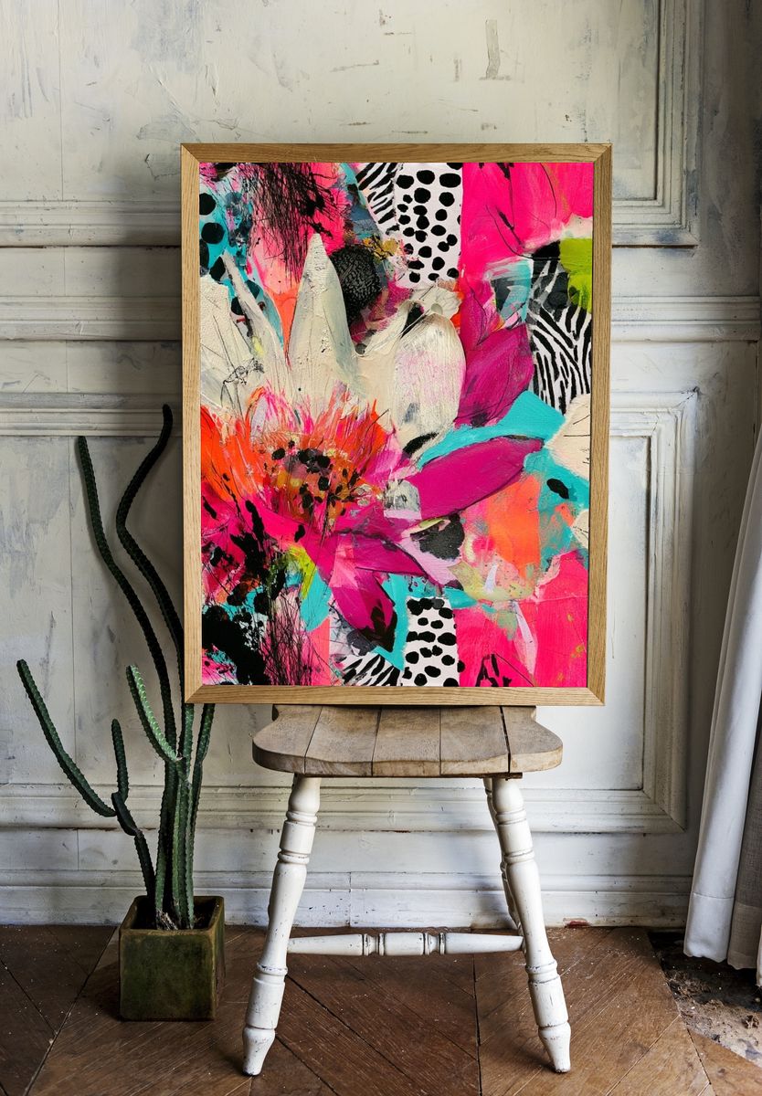 Neon Floral Collage Abstract Print. — room view 1