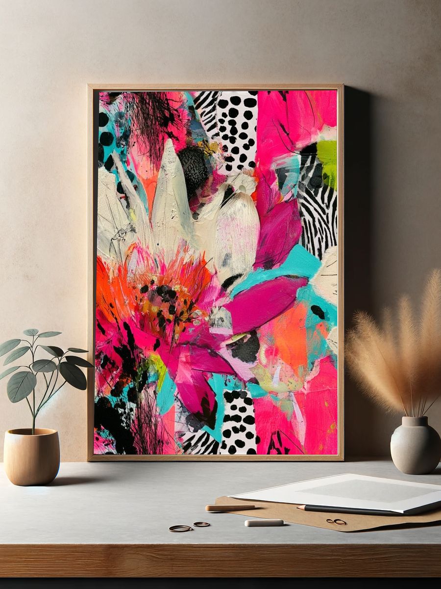 Neon Floral Collage Abstract Print. — room view 2
