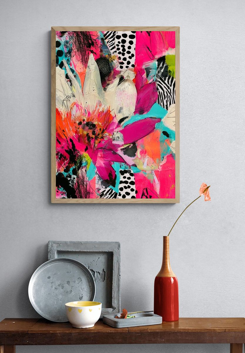 Neon Floral Collage Abstract Print. — room view 3