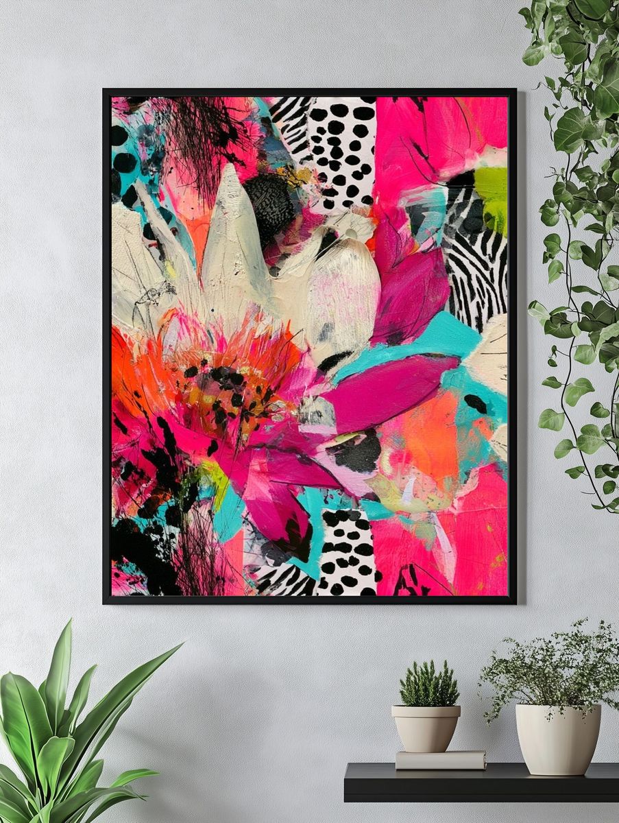 Neon Floral Collage Abstract Print. — room view 4