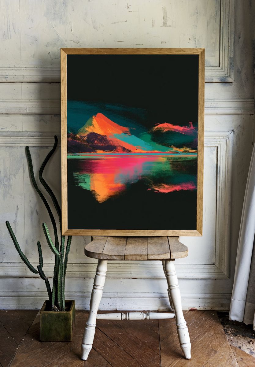 Neon Mountain Reflection Abstract Poster. room preview