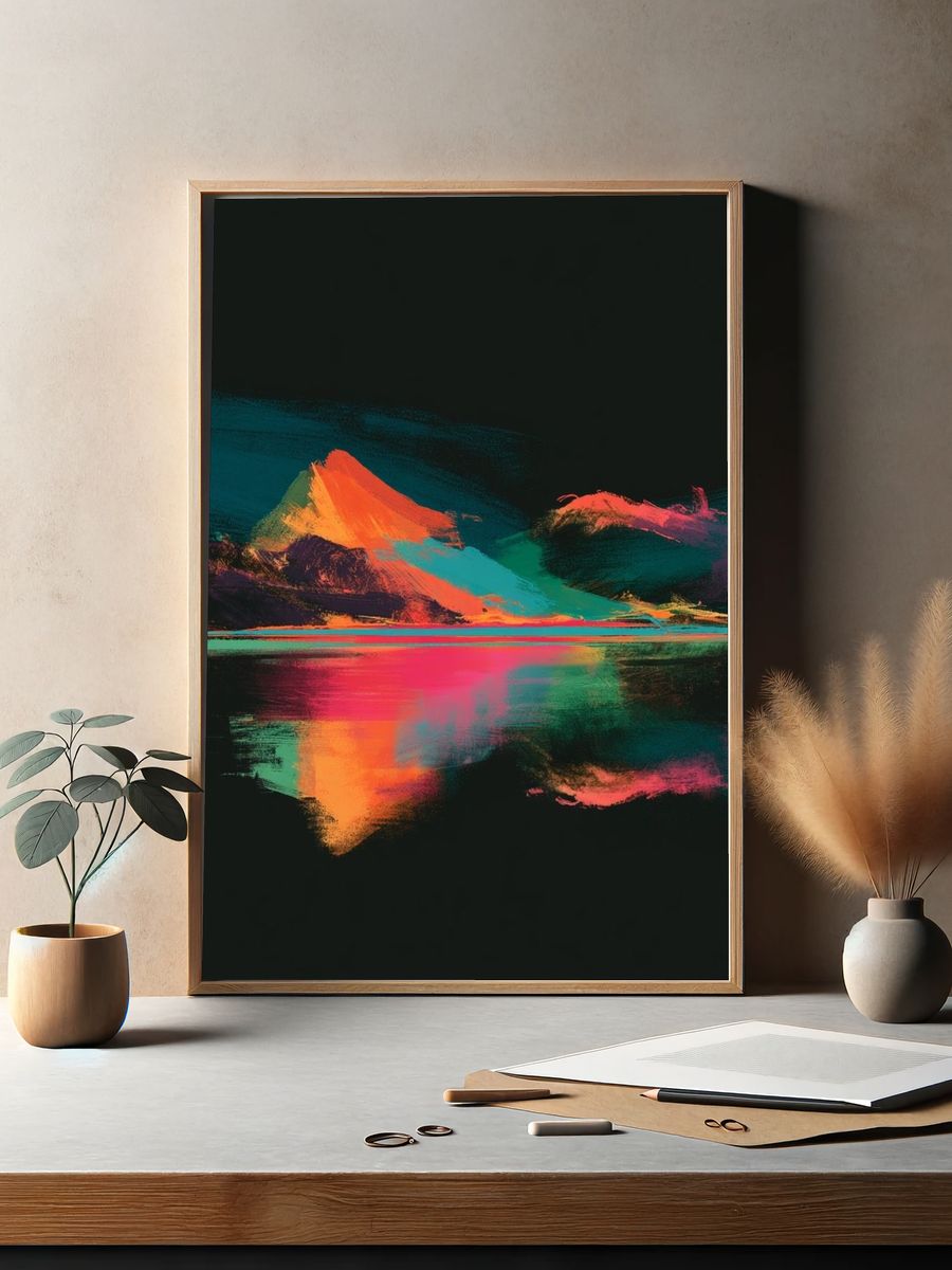 Neon Mountain Reflection Abstract Poster. — room view 2