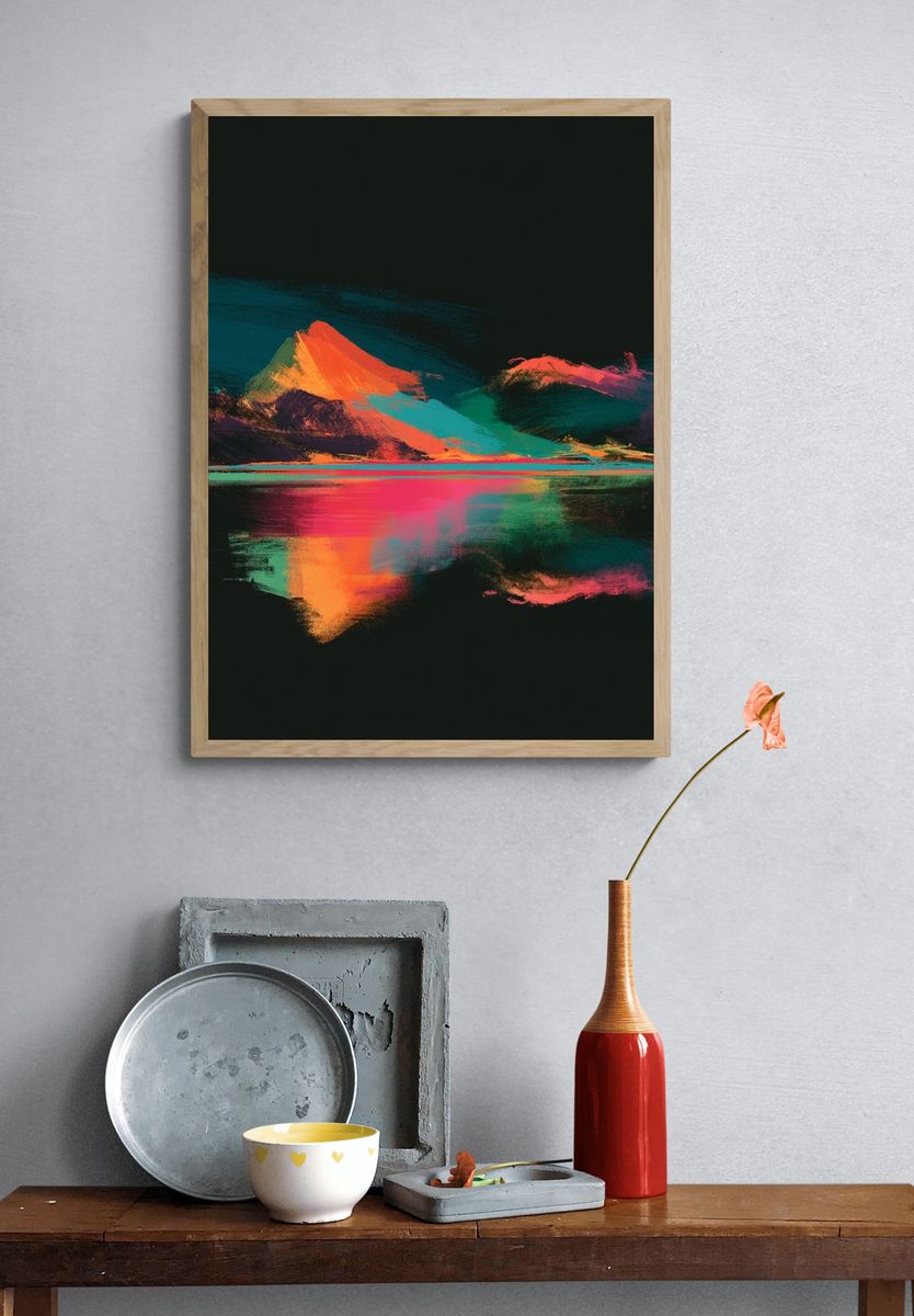 Neon Mountain Reflection Abstract Poster. — room view 3