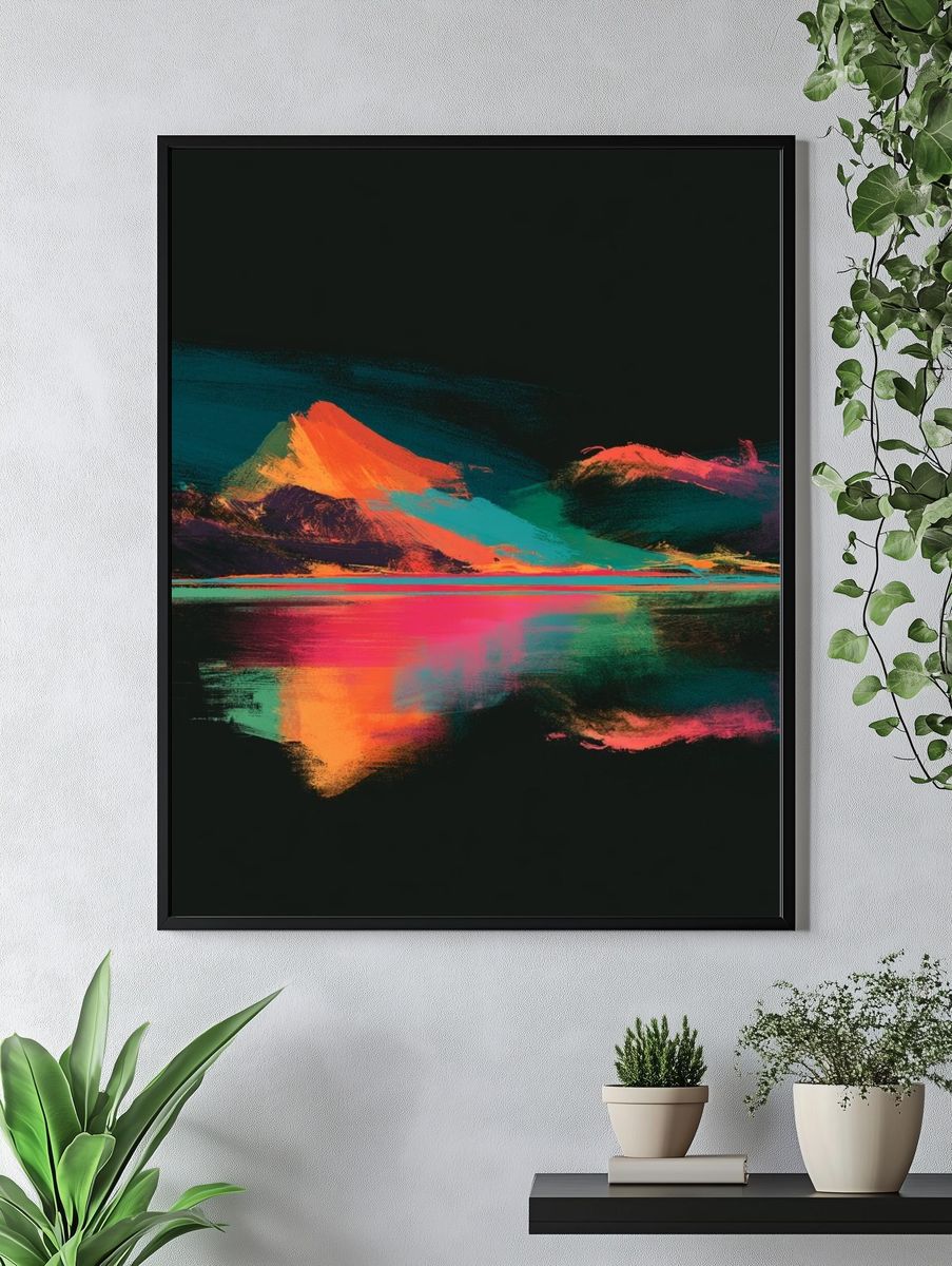 Neon Mountain Reflection Abstract Poster. — room view 4