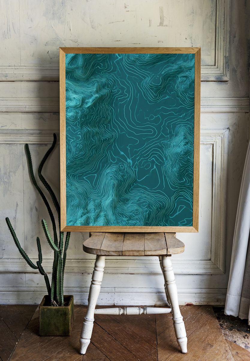 Teal Topographic Abstract Poster. — room view 1