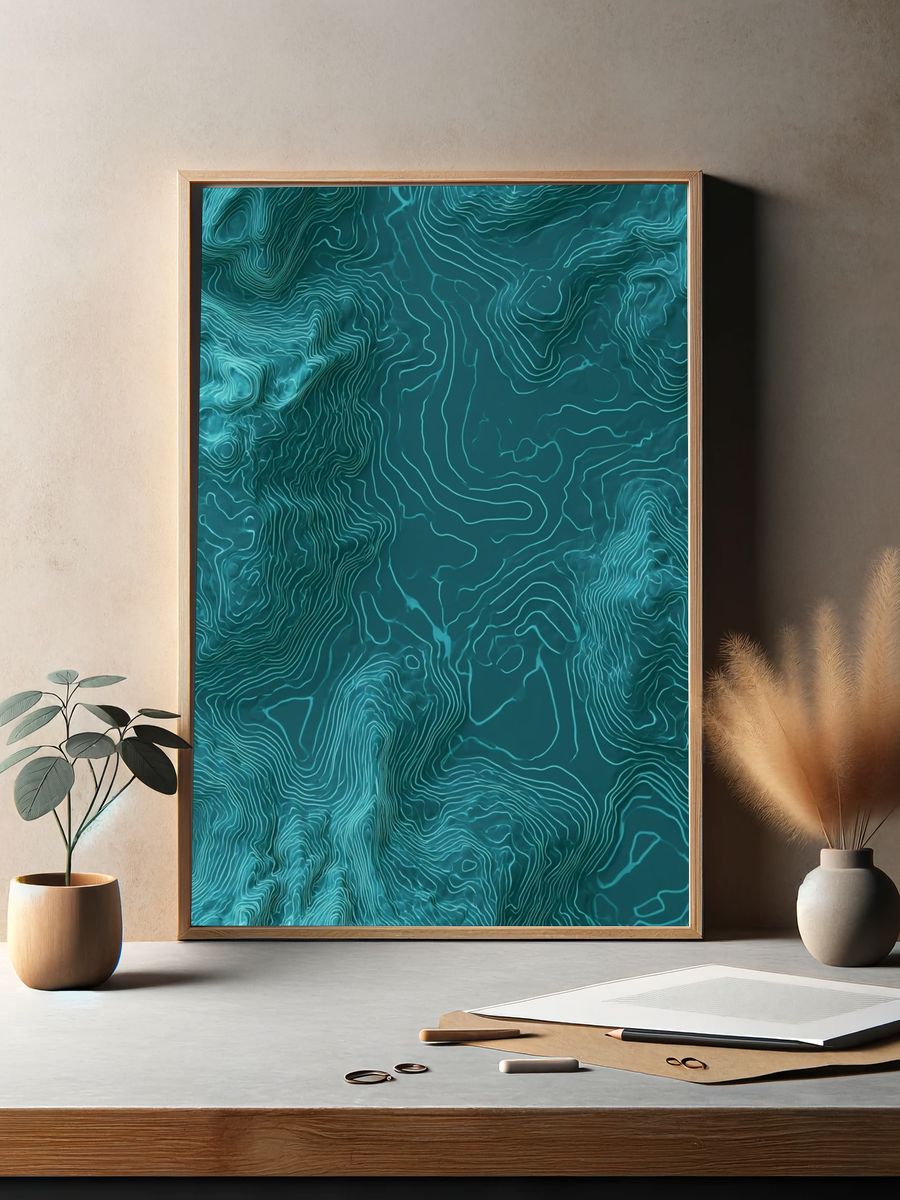 Teal Topographic Abstract Poster. — room view 2