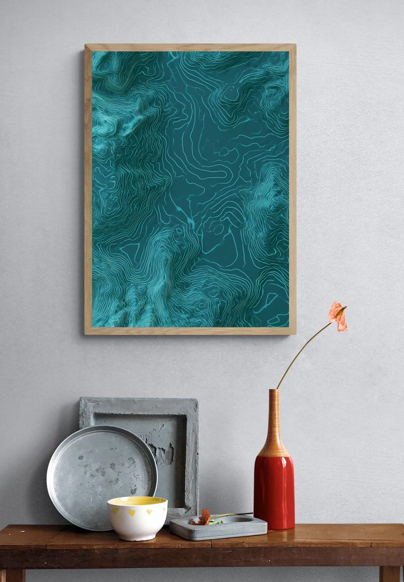 Teal Topographic Abstract Poster. — room view 3