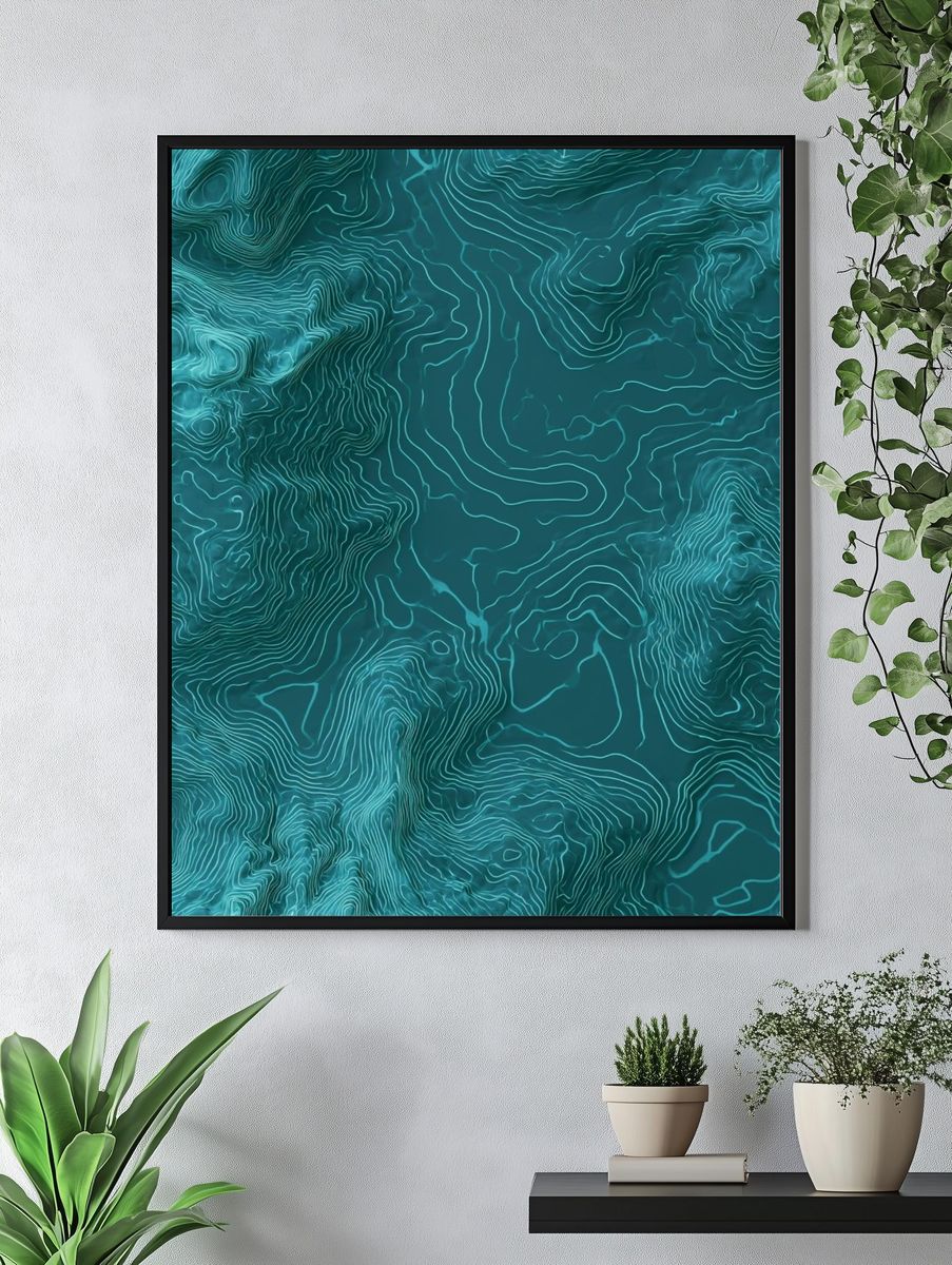 Teal Topographic Abstract Poster. — room view 4