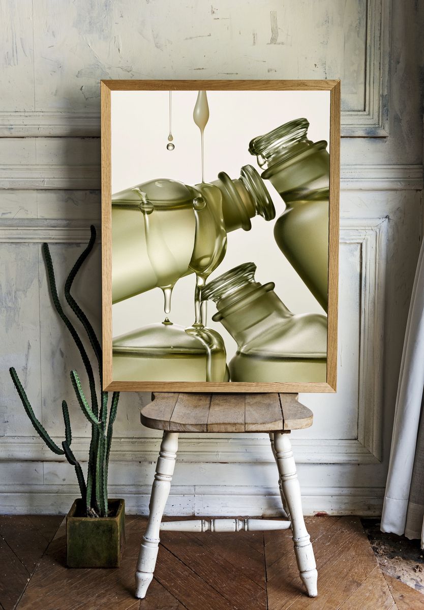 Olive Glass Bottles Abstract Print. room preview