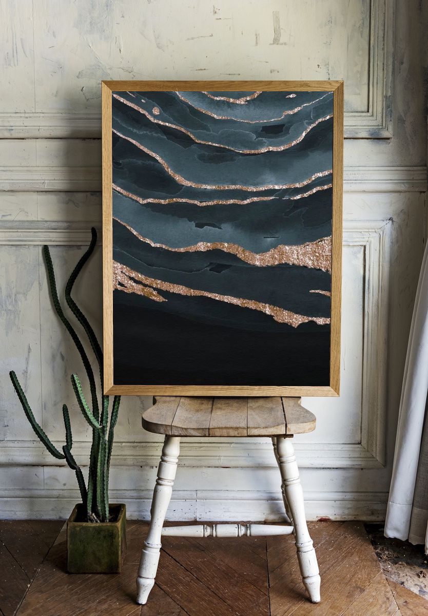 Shimmering dark blue watercolor mobile. — room view 1