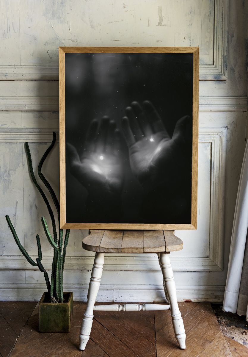 Ghostly Hands Black White Print. room preview