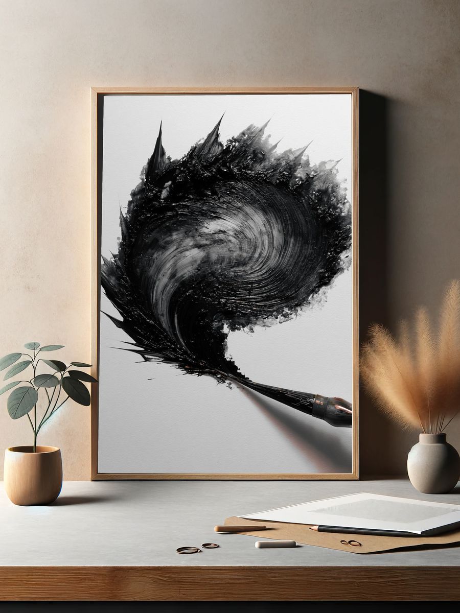 Black Ink Brushstroke Abstract Print. — room view 2
