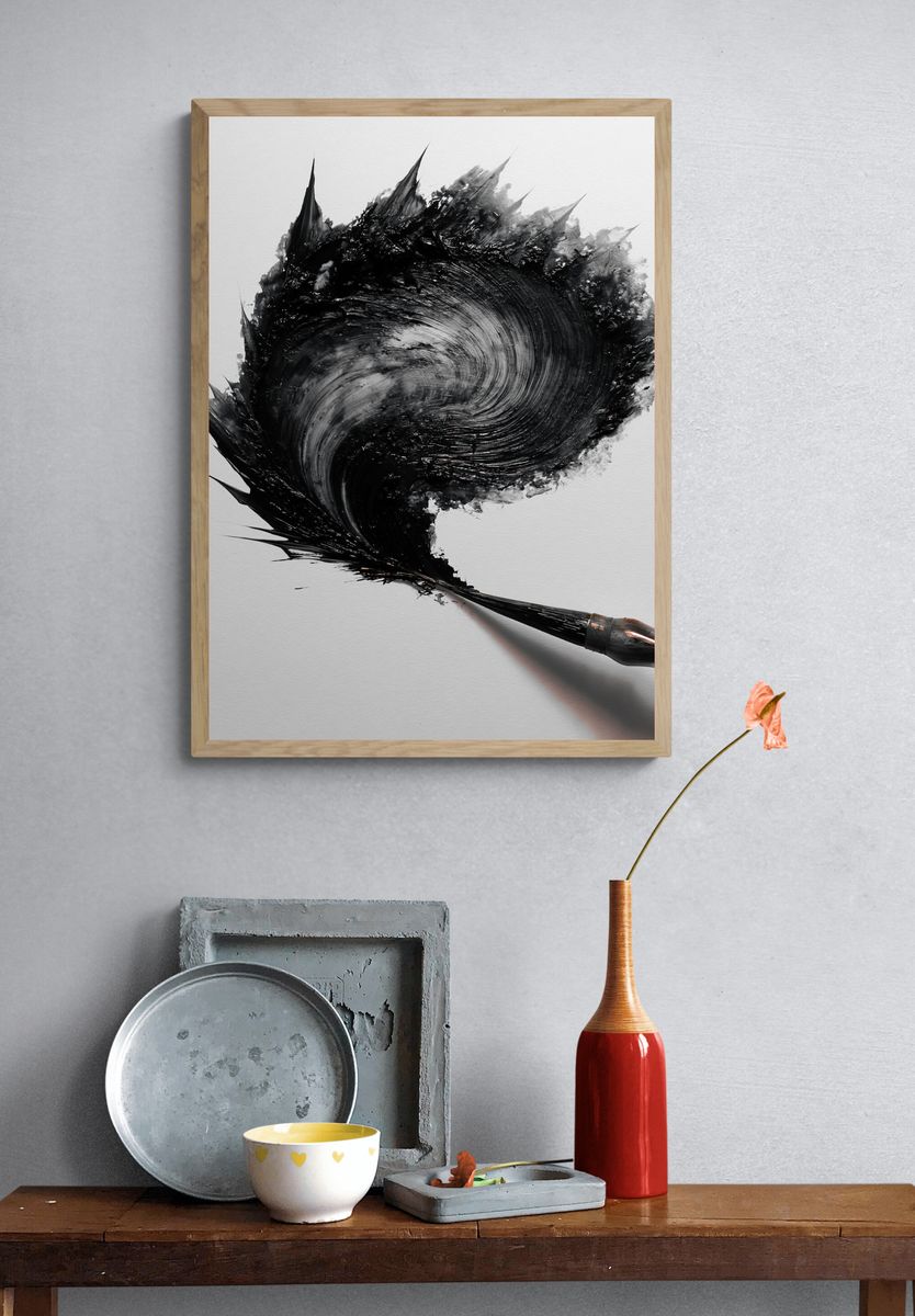Black Ink Brushstroke Abstract Print. — room view 3
