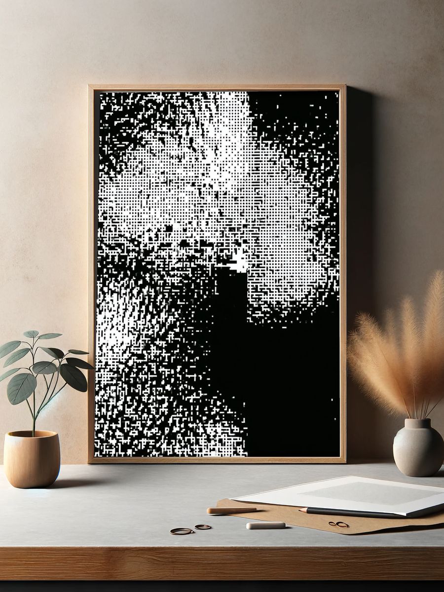 Monochrome Pixel Noise Abstract Poster. — room view 2