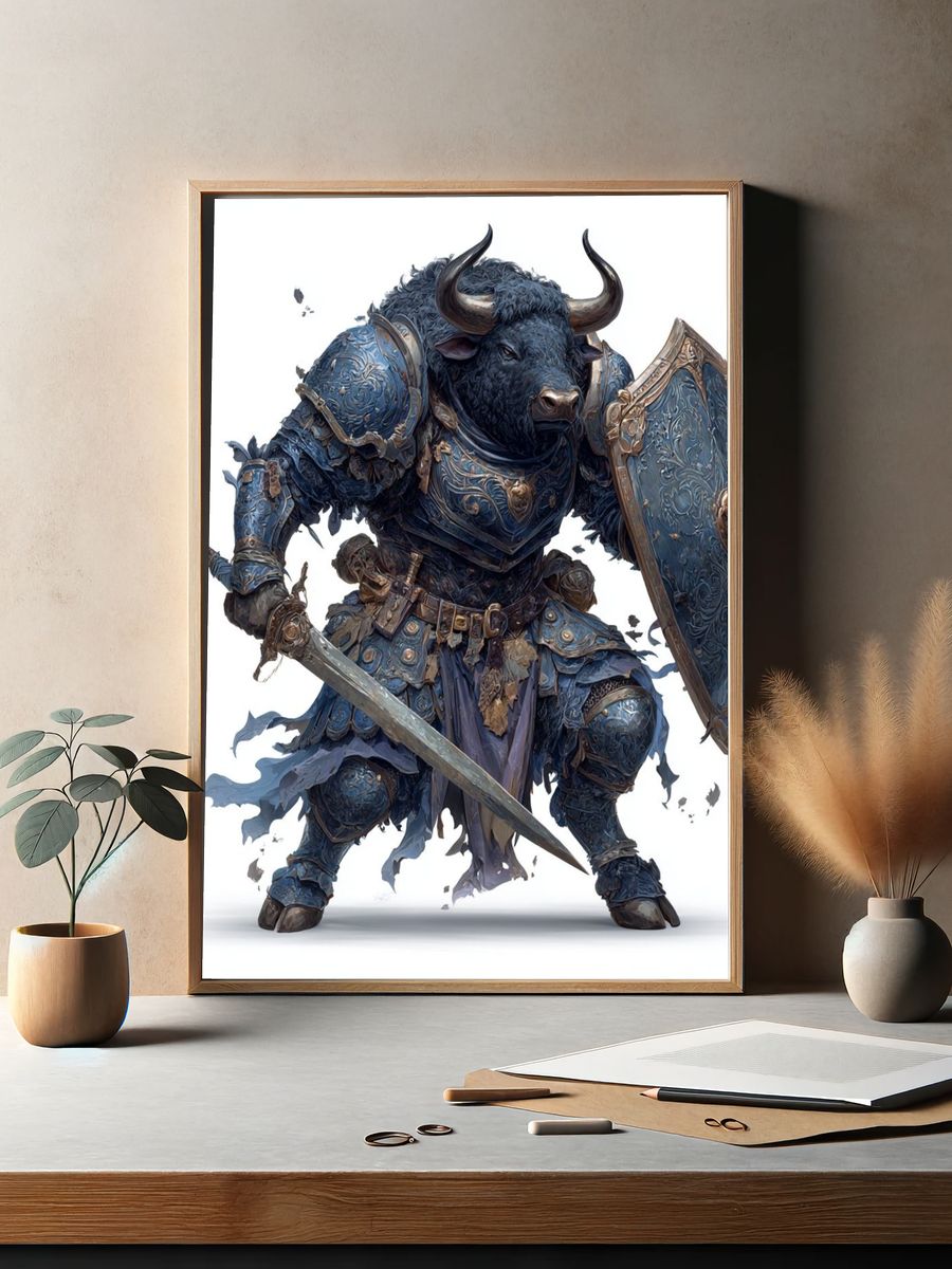Armored Bull Warrior — Fantasy Art Print. — room view 2