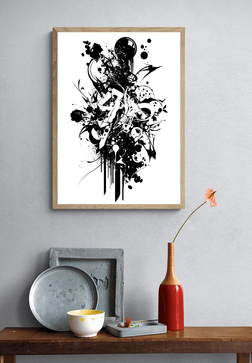 Monochrome Ink Burst Abstract Poster. — room view 3