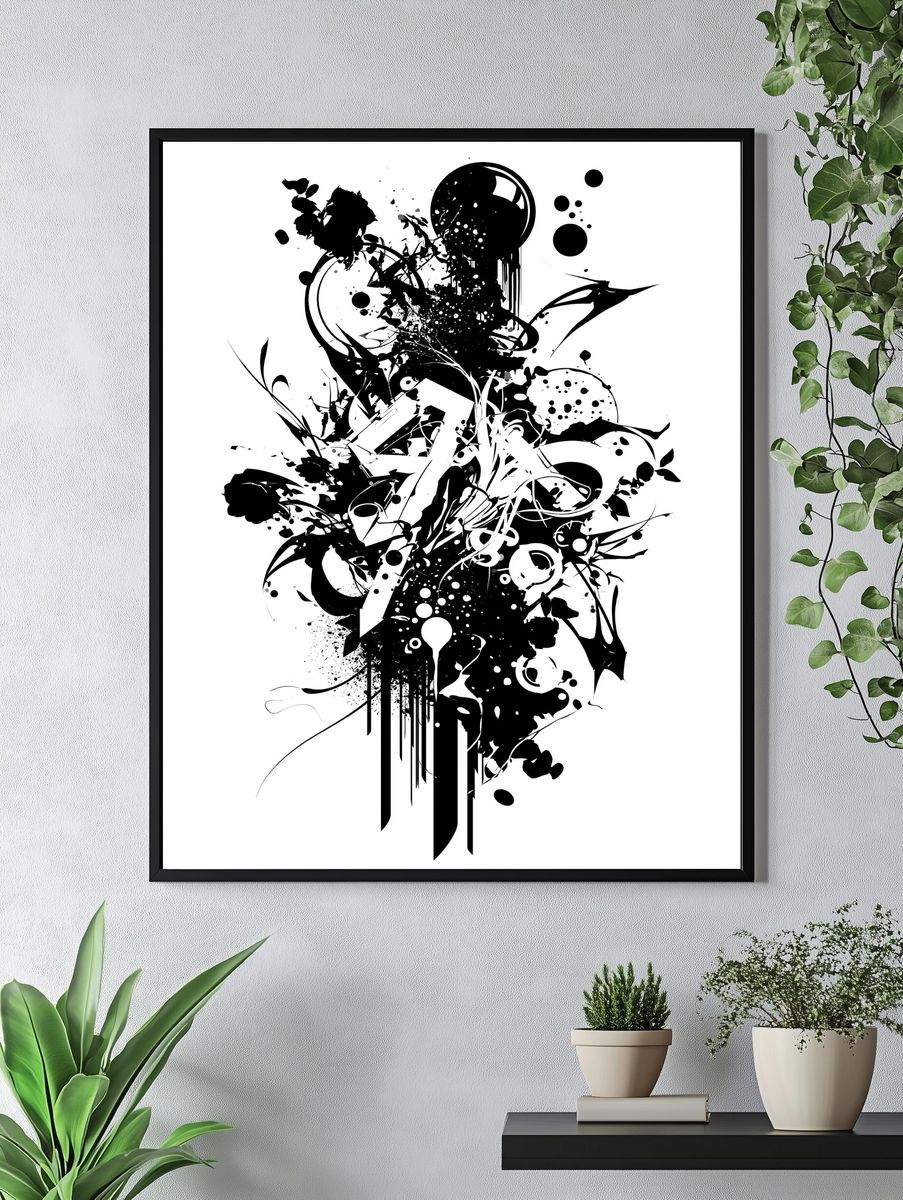 Monochrome Ink Burst Abstract Poster. — room view 4