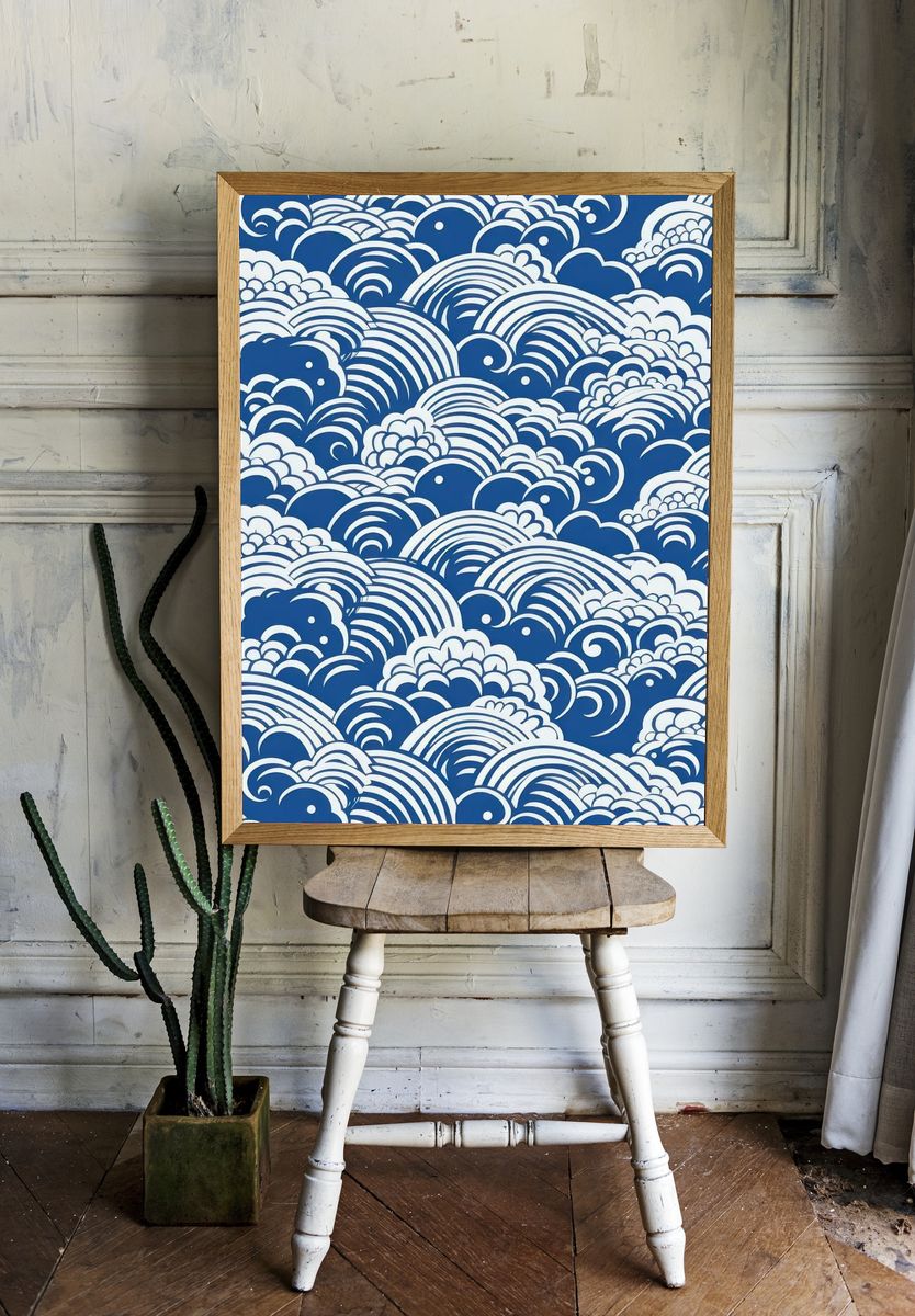 Blue Wave Clouds Abstract Print. room preview