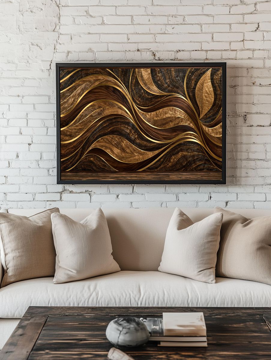 Golden Wood Waves Abstract Poster. — room view 1