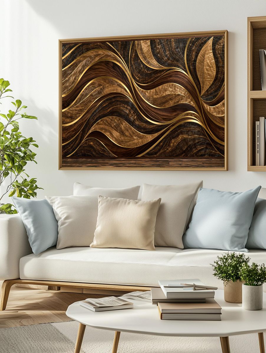 Golden Wood Waves Abstract Poster. — room view 2