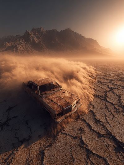 Abandoned Car in Desert Landscape Poster. poster