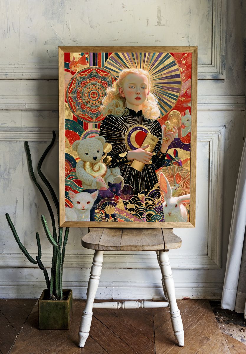 Art Deco Girl and Animals Poster. room preview