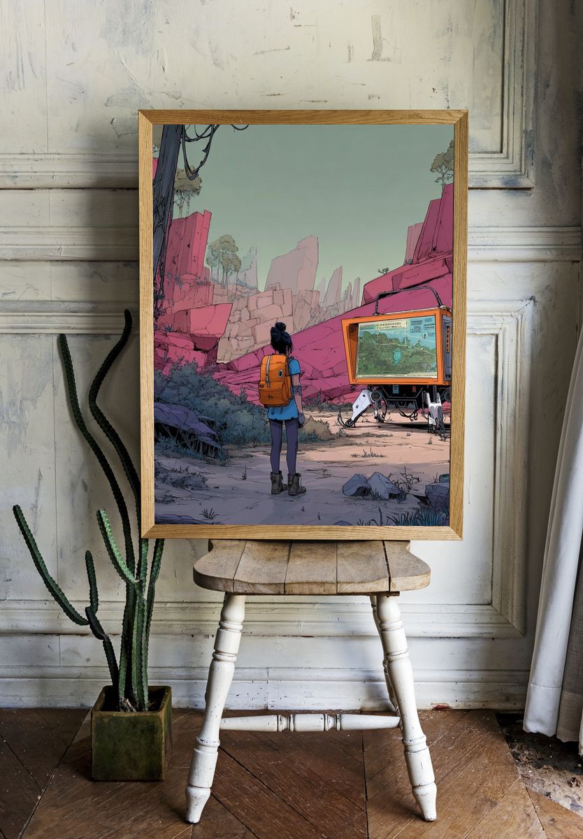 Adventurer in a Futuristic Landscape — Digital Art Print room preview