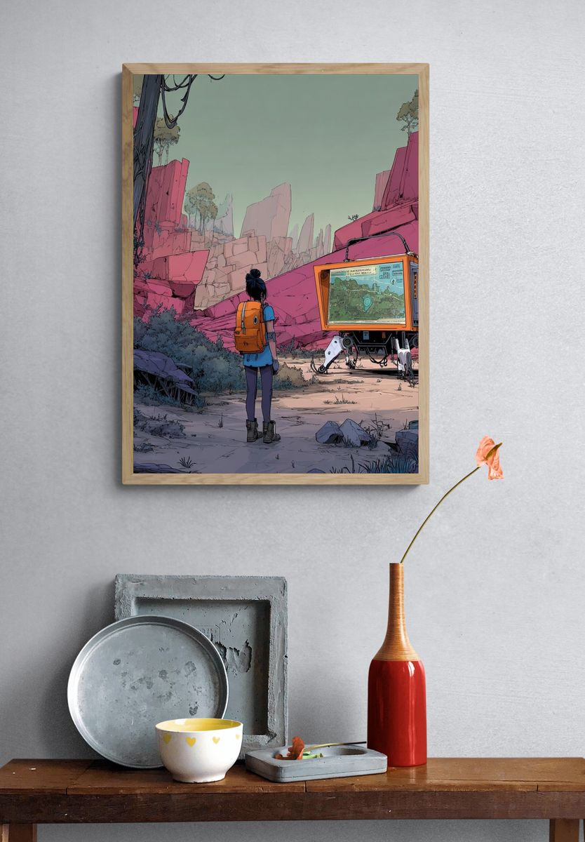Adventurer in a Futuristic Landscape — Digital Art Print. — room view 3