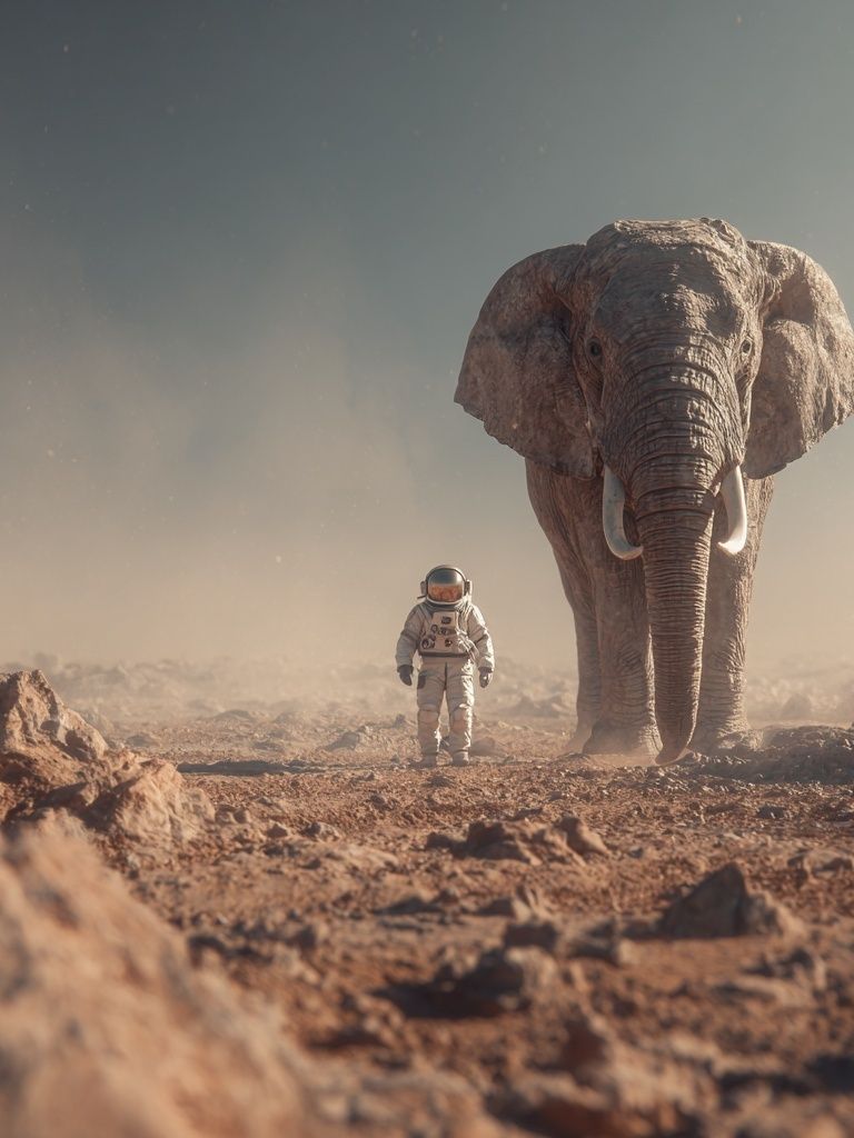 Astronaut and Elephant on Mars — Surreal Art Print. poster — fine-art art