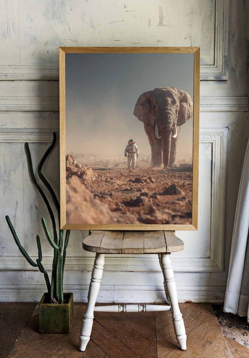 Astronaut and Elephant on Mars — Surreal Art Print room preview