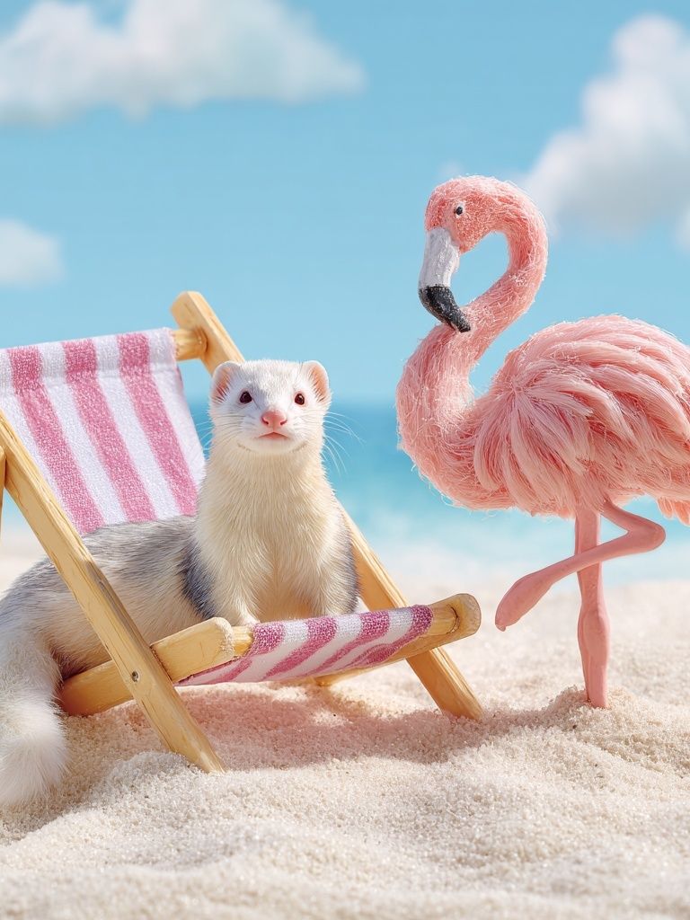 Ferret and Flamingo Beach Scene Poster. poster — animals art
