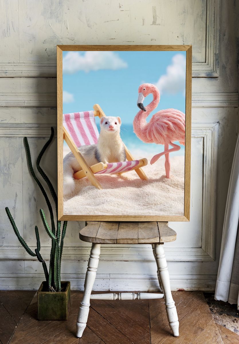 Ferret and Flamingo Beach Scene Poster room preview
