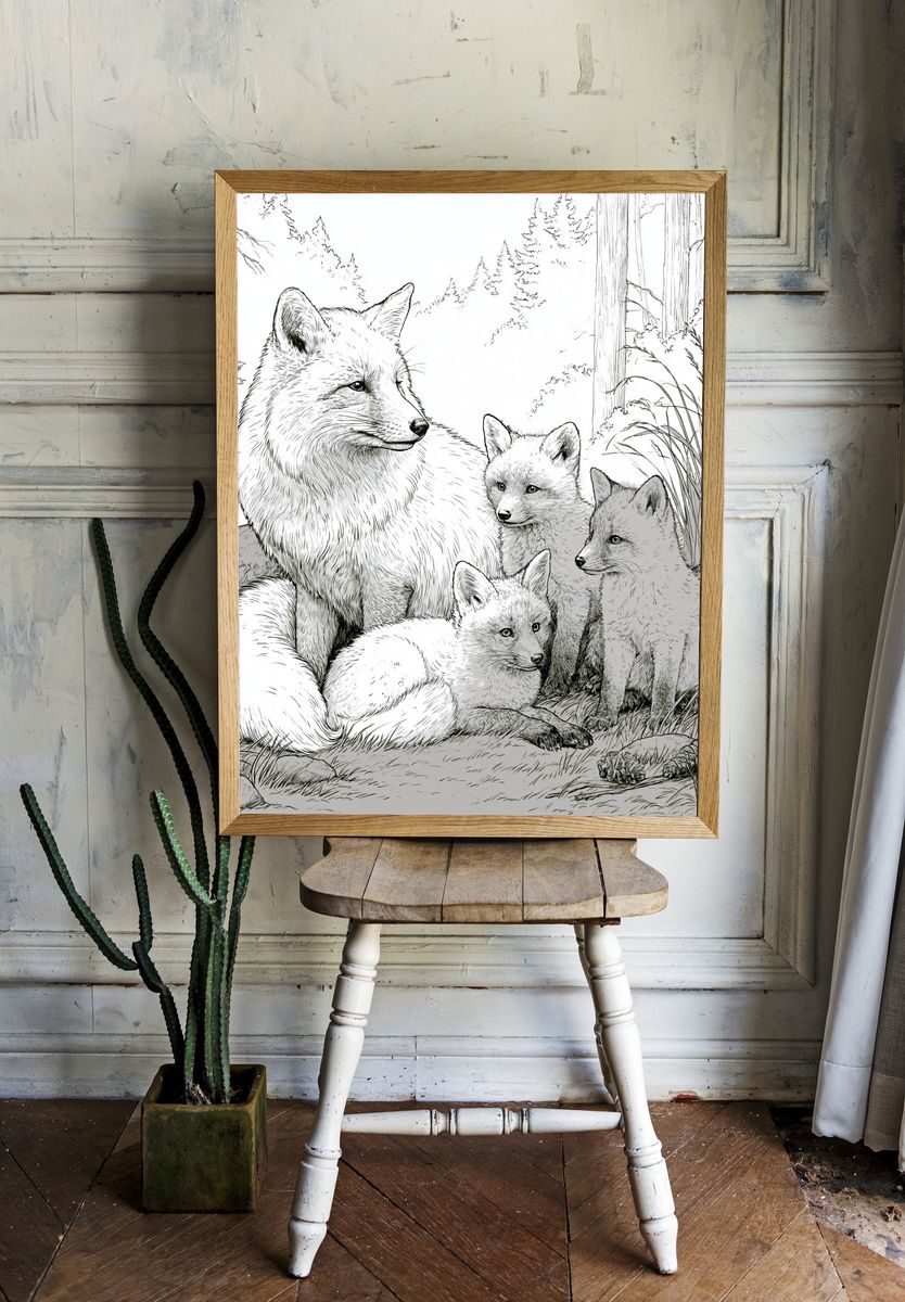 Arctic Fox Family Illustration Poster. — room view 1