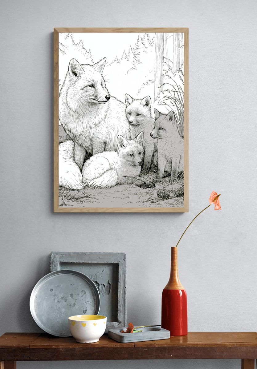Arctic Fox Family Illustration Poster. — room view 3