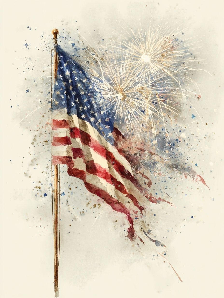 American Flag with Fireworks — Watercolor Print. poster — fine-art art