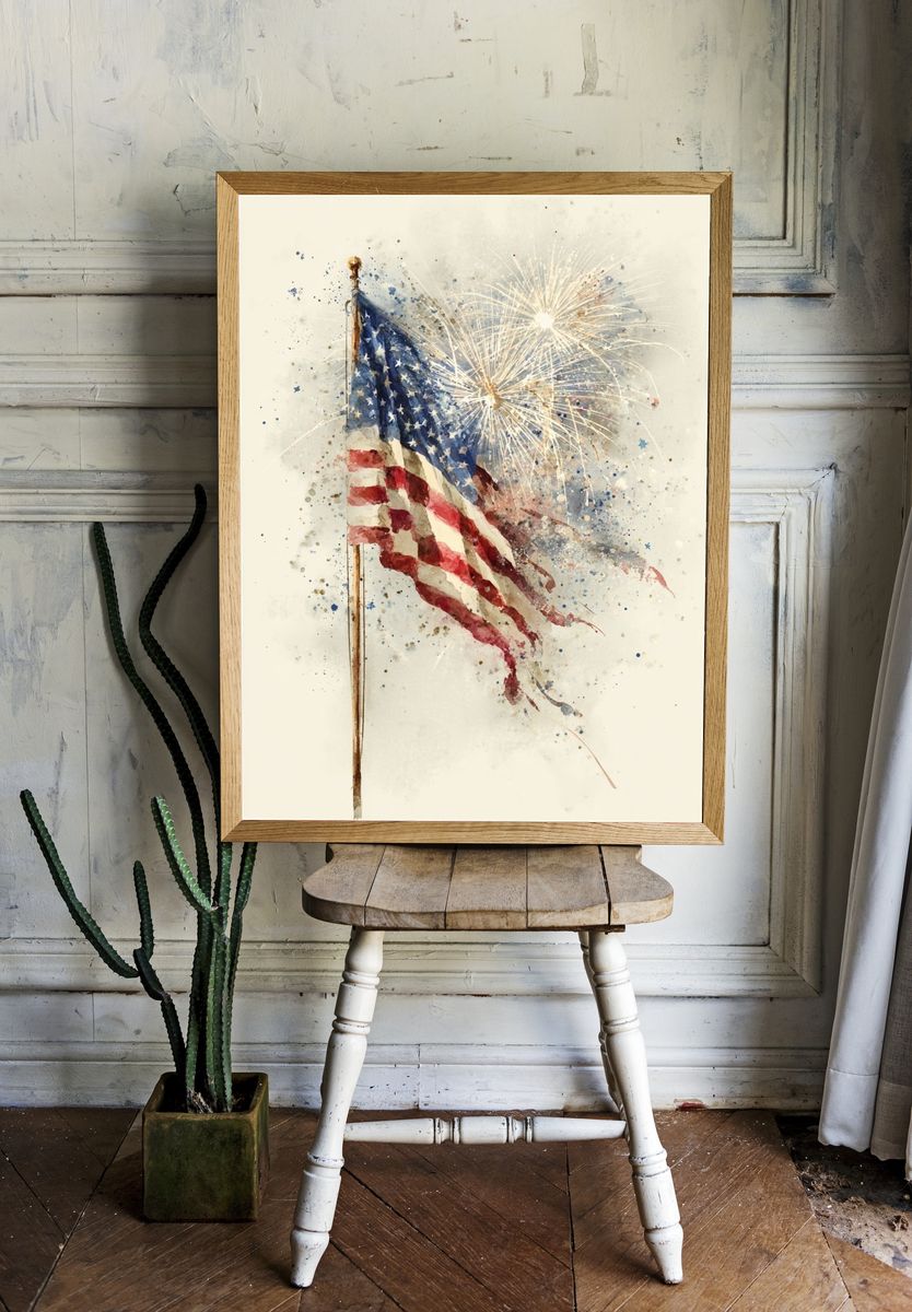 American Flag with Fireworks — Watercolor Print room preview