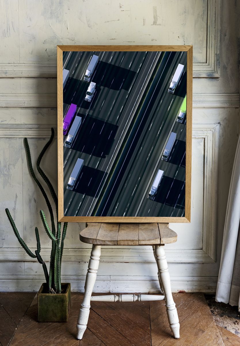 Aerial Highway Trucks Photography Poster. — room view 1