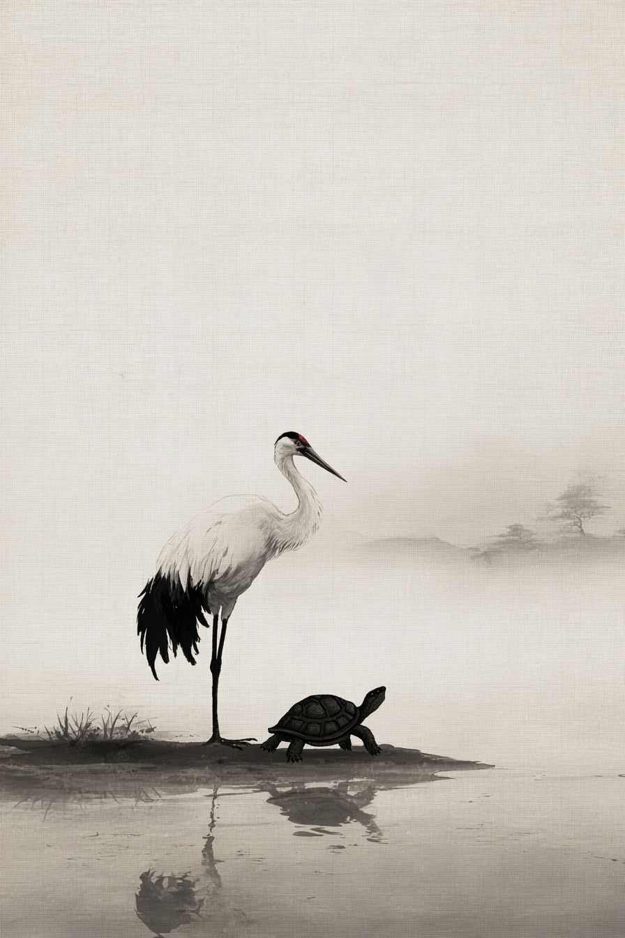 Crane and Turtle — Asian Ink Art Print. poster detail