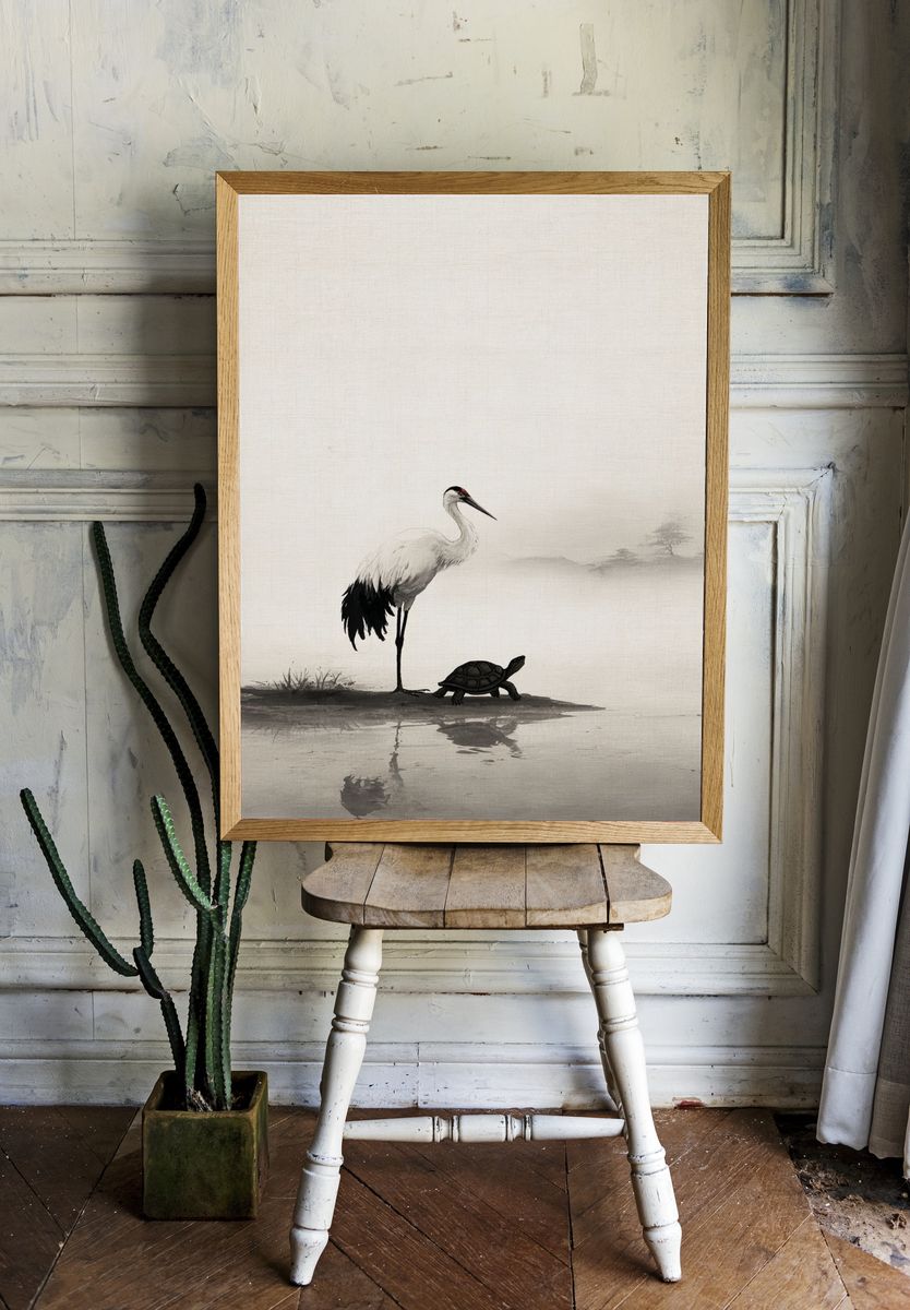 Crane and Turtle — Asian Ink Art Print room preview