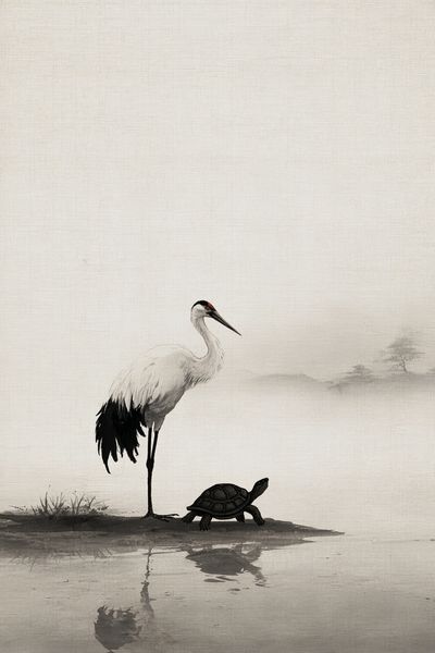 Crane and Turtle — Asian Ink Art Print. poster print