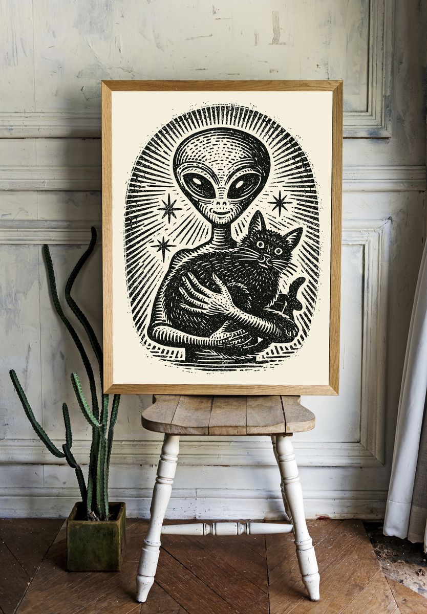 Alien Cat Linocut Poster. room preview