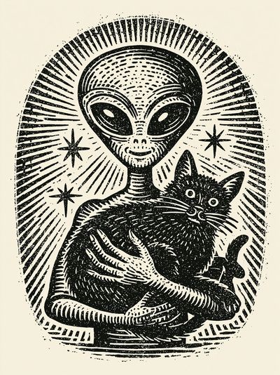 Alien Cat Linocut Poster. poster